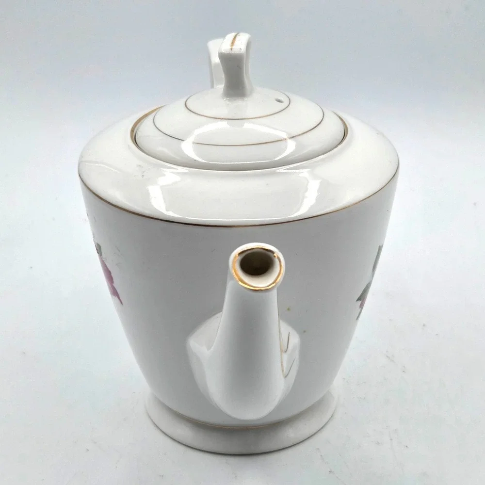 VINTAGE Porcelain Teapot Hibiscus Flowers Delicate Gold Trim